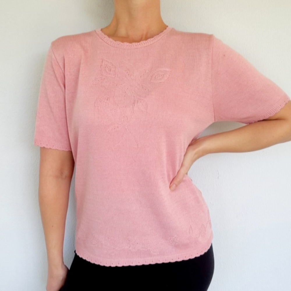 Alfred Dunner blush pink floral knit short sleeve sweater top size medium